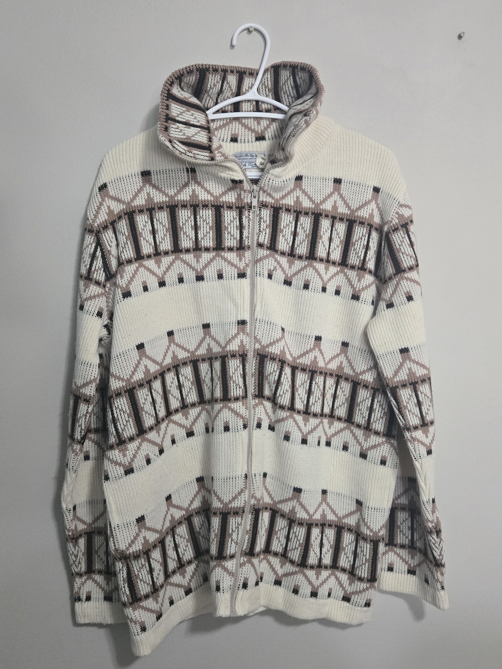 Vintage Sears Mens Cream Patterned Full-Zip Sweater Geometric 44 XXL